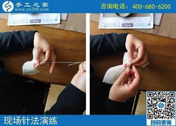 4月14日，正規(guī)手工加工回收項目的珠繡針法培訓(xùn)有多好？手工之家接待考察加工客戶時的針法演示與體驗剪影